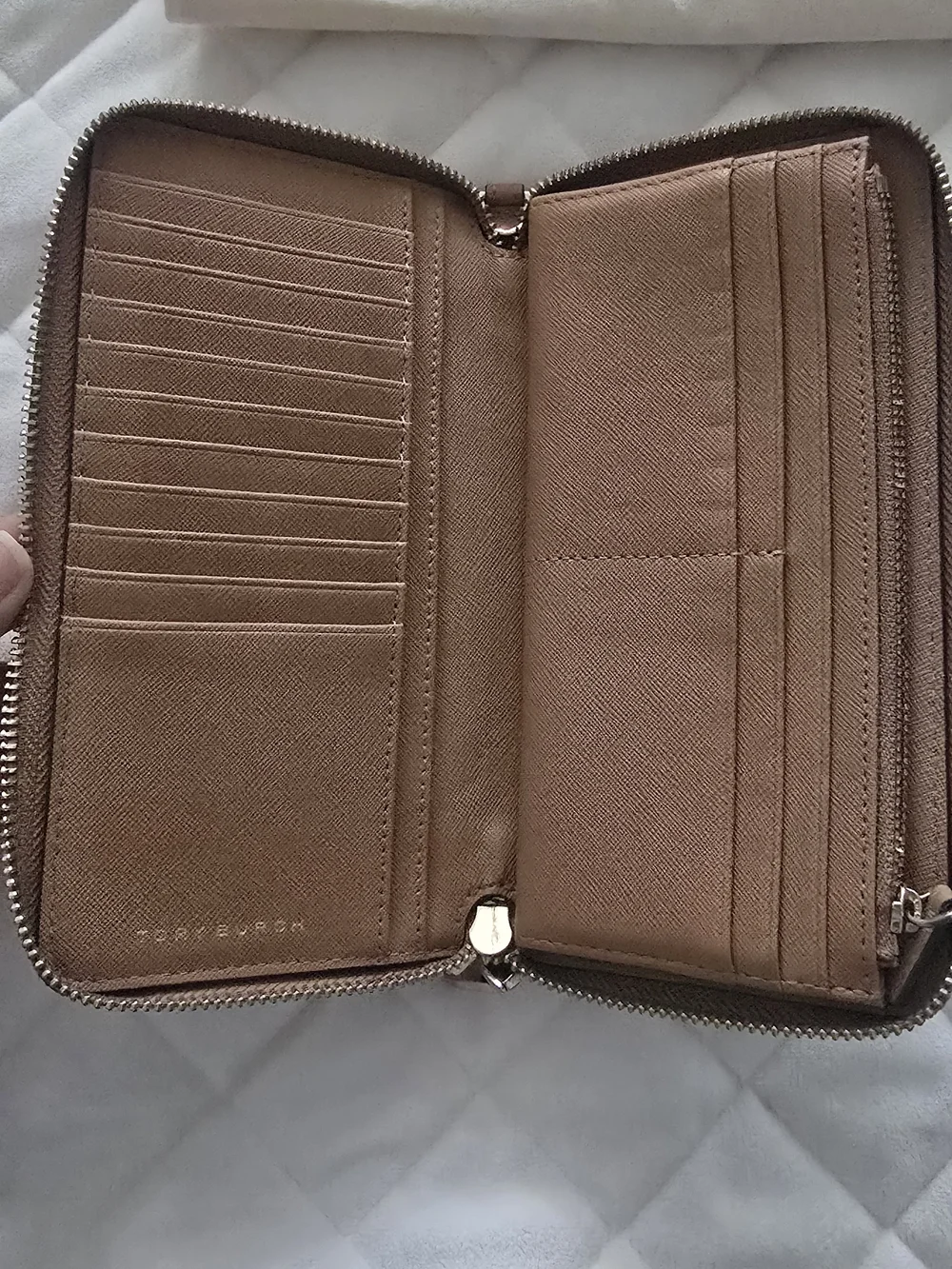 Tory Burch Taupe Zip-Around Leather Wallet with Gold Logo